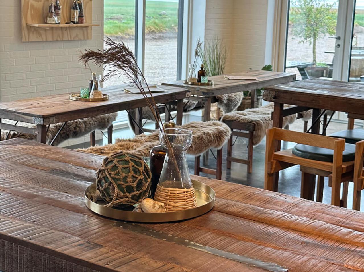 Bright and inviting café interior design with rustic wooden tables, modern decorations, and large windows creating a cozy atmosphere with views of nature.